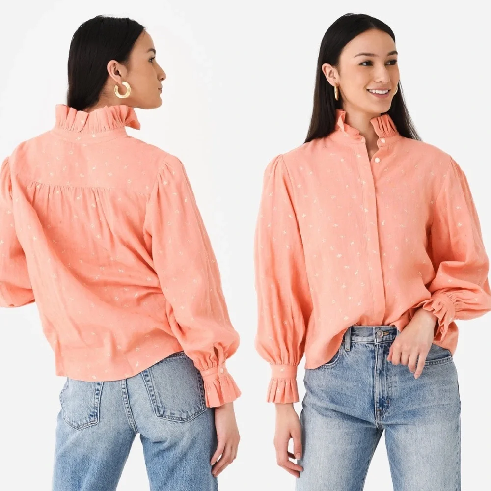 Delete Koch Phoebe Top Button Shirt Ruffle Collar Metallic Blouse Small - Picture 3 of 11